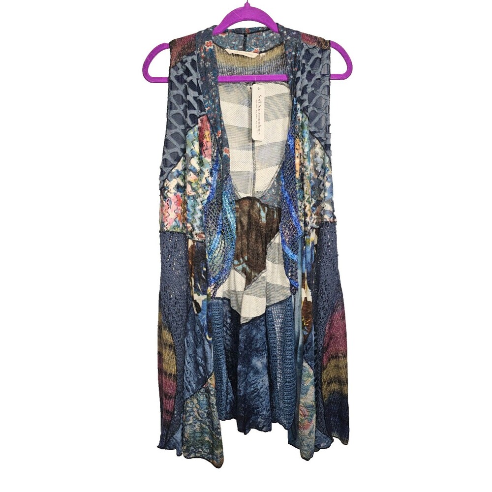 NEW Soft Surroundings Blouse S/M Blue Mixed Media Sleeveless Kimono Topper